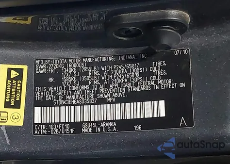 2010 Toyota Highlander Base V6 from USA, damaged, VIN 5TDBK3EH6AS035837
